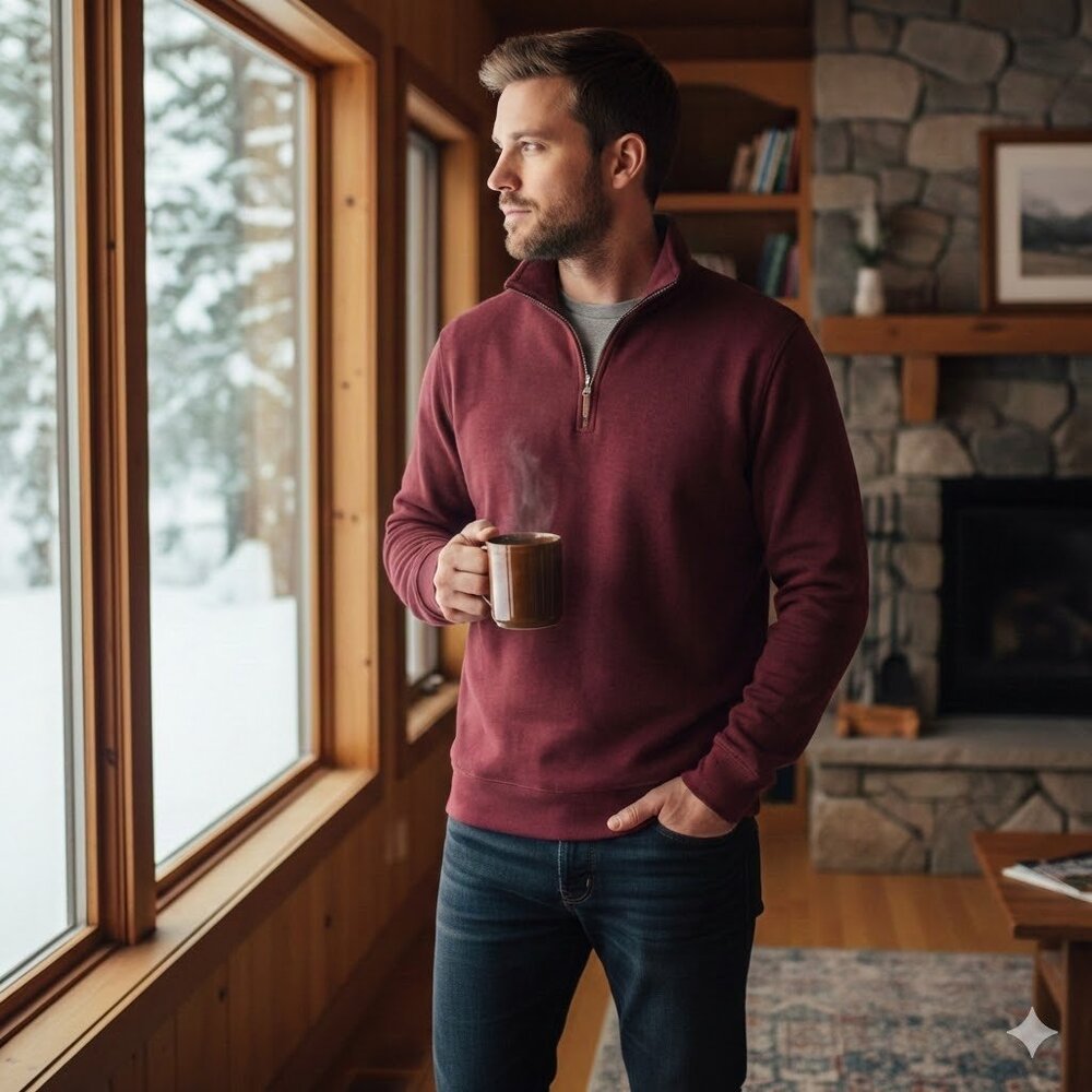 100% Cotton Lands' End Burgundy Bedford Rib Quarter Zip Sweatshirt, Large